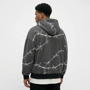 Sudadera con capucha unisex extragrande para hombre, estilo streetwear, con cremallera, lavado ácido, color negro, con estampado de alambre de púas y logotipo personalizado, OEM ODM - Product Image 4
