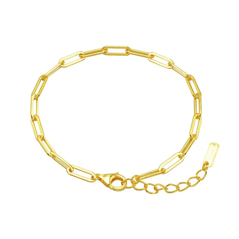 Low MOQ Wholesale 925 sterling silver chain 18k gold plated paper clip bracelet
