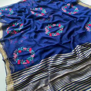 Sari VASTRA COTTAGE de viscosa georgette con bordado de motivos de corona de múltiples hilos, textura suave y fluida, elegante sari de un solo tono. - Product Image 2