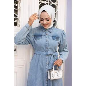 Shirt Collar <b>Buttoned</b> Front Denim Dress Ice Blue - Product Image 2