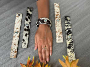New <b>Turquoise</b> Stone and Genuine Leather Cowhide Cuff Bracelet Western Jewelry Adjustable Snap Hair on Hide Cuff Women's Bracelet - Product Image 6