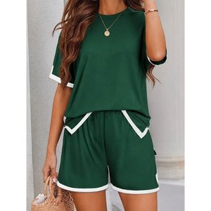 Ensemble deux pièces pour femme, chemisier à manches courtes, col rond, détails rayés, viscose, deux fils, et short, 36949 - Vert - Product Image 1