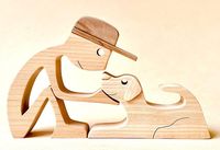 Figurine artisanale Art Déco en bois, famille de chiens, ornement animal sculpté simple pour la maison ou le bureau, décoration d'anniversaire et de jubilé