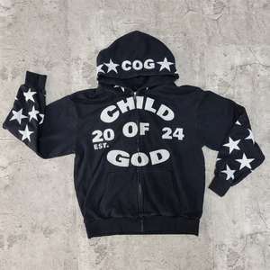 Estilo Vintage 100% algodón 450gsm Sudadera con capucha de gran tamaño para hombres-Apliques desgastados bordado Zip ácido lavado patrón sólido - Product Image 3