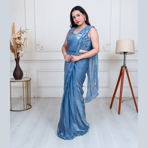 ผ้าส่าหรีแบบห้อยที่เตรียมไว้อย่างงดงามสีน้ำเงินประกายประดับด้วยมือที่ประณีตเหมาะสำหรับเทศกาล - Product Image 2