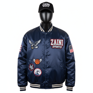 Veste universitaire en satin brillant de qualité supérieure 220GSM Bleu marine Broderie personnalisée Logo Aigle Patchwork Drapeau américain Veste en satin pour hommes - Product Image 1