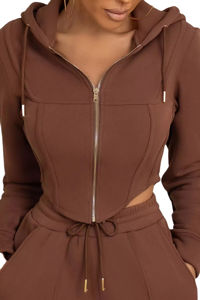 <b>Women's</b> Hooded Winter Knitted <b>Crop</b> Top <b>Hoodie</b> with Zipper and Two-Piece Pants Set Cotton Blend Comfy Casual Wear - Product Image 3