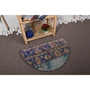 Alfombra de lana Vintage hecha a mano de 2,5x1,5 pies azul Beige Patchwork con patrón de rectángulo abstracto para sala de estar adolescente con respaldo de látex - Product Image 2