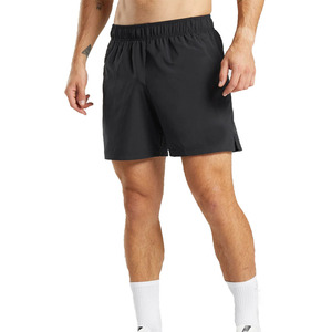 Pantalones cortos de gimnasio elásticos impermeables negros para hombre, venta al por mayor, estampado liso, cintura elástica, ropa deportiva, patrón sólido, tarifas baratas - Product Image 1