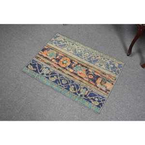 Alfombra Turca Vintage Pequeña de 2x2.7 pies, Alfombra de Lana con Estampado Animal Azul y Naranja - Product Image 4