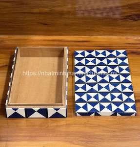 Handmade Unique Bone Inlay <b>Lacquerware</b> Jewelry Box Rectangular White and Blue Checkered for Home Table Decoration Souvenir - Product Image 1
