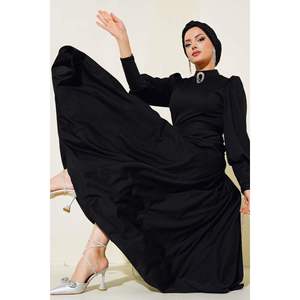 Robe Plissée à Manches Ballon Noir - Product Image 2