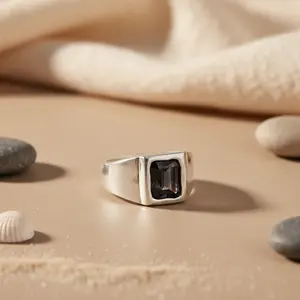 "<b>Men's</b> Rhodium-Plated 925 Silver <b>Black</b> Onyx Signet <b>Ring</b> with Bezel Setting" - Product Image 1