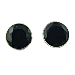 Boucles d'oreilles clous géométriques vintage en onyx noir plaqué argent, serties clos, taille brillant rond, bijoux de mode unisexe tendance et classiques - Product Image 2