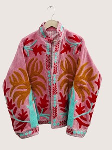 Abrigo de Terciopelo Bordado con Flores Estilo Bohemio, Mangas Murciélago, Cuello Mao, Talla Grande, Ropa Casual de Primavera para Mujer - Product Image 1