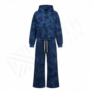 Ensemble de survêtement pour femme, lavage à l'acide, molleton vintage, sweat-shirt à capuche avec poches, pantalon ample à jambes larges, ensemble de survêtement élégant, doux, décontracté, pour la salle de sport, actif - Product Image 1