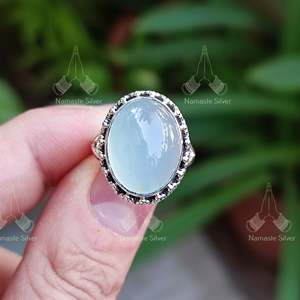 Handmade Natural Blue Chalcedony Silver <b>Ring</b> Inlaid Cut Diamond <b>Statement</b> Jewelry Gift for Her - Product Image 1
