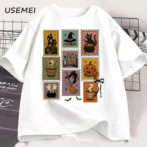 Spooky Halloween timbre T-Shirt pour hommes femmes rétro automne Tee mignon fantôme T-Shirt sorcière chat citrouille T-Shirt confortable automne T-Shirt - Product Image 1