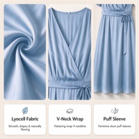 Robe en Lyocell Bleue à Col en V pour Femme, Nouveau Style, Coupe Ajustée et Fluide avec Ceinture à Nouer, Vente en Gros Usine, Marque Privée Disponible