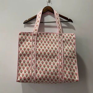 Handmade <b>Large</b> Cotton <b>Tote</b> <b>Bag</b> Turquoise Quilted <b>with</b> Red Motif Embroidery Fashionable <b>Zipper</b> Closure for Daily Travel Use - Product Image 1