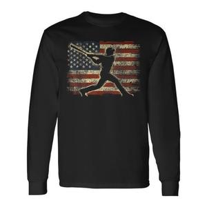 Maglietta a Maniche Lunghe con Grafica Giocatore di Baseball e Bandiera USA, Abbigliamento Promozionale con Bandiera Americana - Product Image 1