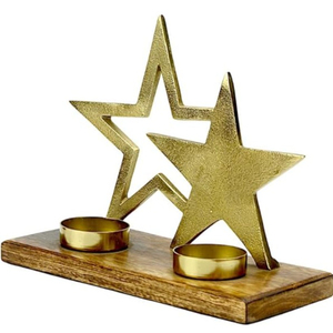 Candelero de Doble Estrella de aluminio dorado hecho a mano sobre base de madera decorativo moderno para Navidad y decoración del hogar - Product Image 1