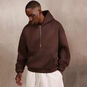 Sweat-shirt à capuche mi-zippé surdimensionné, avec poche centrale, décontracté pour l'hiver et l'automne, streetwear, marron, coupe ample, vêtements de détente - Product Image 1
