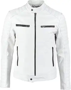 Mens Cafe Racer White Zipper Quilted Lambskin Leather Motorcycle Jacket