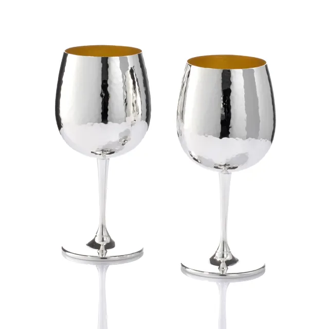 Ensemble contemporain de 2 coupes à ballons plaqué argent et or pour vin rouge structuré Fabriqué en Italie par artisan Silversmith