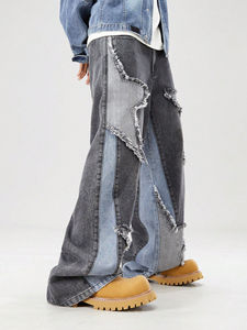 Demin กางเกงยีนส์ฮิปฮอปเอวสูงสำหรับผู้ชาย, กางเกงยีนส์ฮิปฮอปขาตรงปักลายดาวสไตล์ลำลองสีเทามีสีต่อกันไซส์พิเศษ - Product Image 6