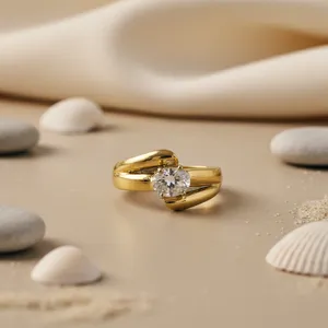 Bague de fiançailles unisexe en argent 925 plaqué or jaune, pierre naturelle ronde taille brillant, sertissage classique à griffes - Product Image 2