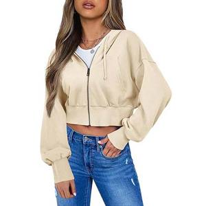 Daily Wear <b>Women</b> Crop <b>Top</b> Zipper Hoodie Breathable Polyester/Cotton <b>Fleece</b> Gym Workout Wear Lightweight Custom Printing - Product Image 1