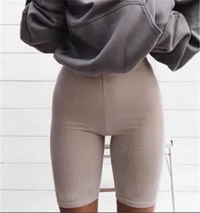 Kadın katı yüksek bel Biker şort egzersiz Yoga koşu spor sıkıştırma Spandex tayt şort yan cepler