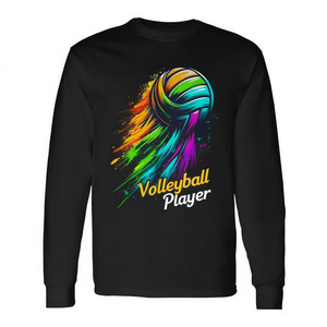 Volleyball Player Adult Black Long Sleeve T-Shirt Colorsplash Design <b>Small</b> Size - Product Image 2