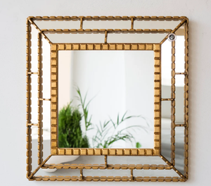 Miroir décoratif doré, miroir de salle de bain carré fait main avec encadré de feuille d'or verre vénitien argenté moderne taillé - Product Image 1