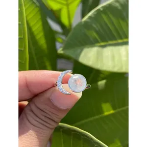 925 <b>Silver</b> Crescent Moon <b>Statement</b> <b>Ring</b> Boho Style Gemstone Men's <b>Ring</b> Rhodium Plated with Cut Stone Inlay Everyday Wear Jewelry - Product Image 1