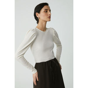 ETHIQUET Lorrie Blouse en tricot côtelé en coton pour femme, col rond, manches bouffantes - Product Image 1