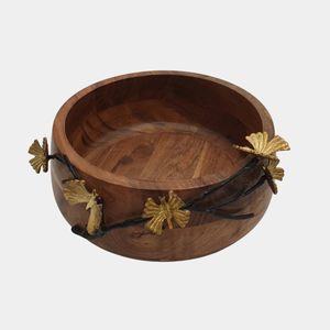 Bol en bois pour la décoration intérieure moderne Bol en bois d'acacia de qualité supérieure avec design en métal doré Ginkgo Vaisselle Saladier - Product Image 2
