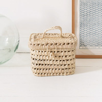 Panier de pique-nique carré pliable jaune fait main, mini-lampe sur pied, sac de rangement en paille non tissée, double usage, style antique 16x22x12cm