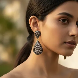 Boucles d'oreilles pendantes de luxe pour femme Art Palace, en pierre naturelle taille poire, plaqué or massif 18 carats, certifiées GIA, bijoux de mariage - Product Image 1