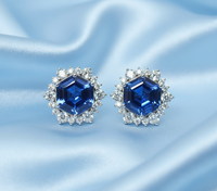 Pendientes de zafiro azul de corte hexagonal para mujer, estilo Art Deco, halo, para boda, plata de ley 925, regalo de Navidad