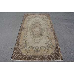 Alfombra turca Vintage Beige Marrón 3,7 X 6.8ft Lana hecha a mano Área grande Diseño de retazos Rectangular Pasillo Látex para decoración de habitación - Product Image 1