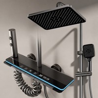 Ensemble de douche mural moderne en aluminium brossé électroplaqué avec affichage LED, pommeau de douche carré, jet de pluie, pulvérisateur à main massant, 4 voies