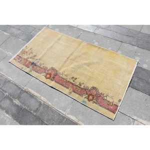 2.5x4.9 ft Vintage Rug, <b>Yellow</b> Floral Turkish <b>Wool</b> Rug - Product Image 1
