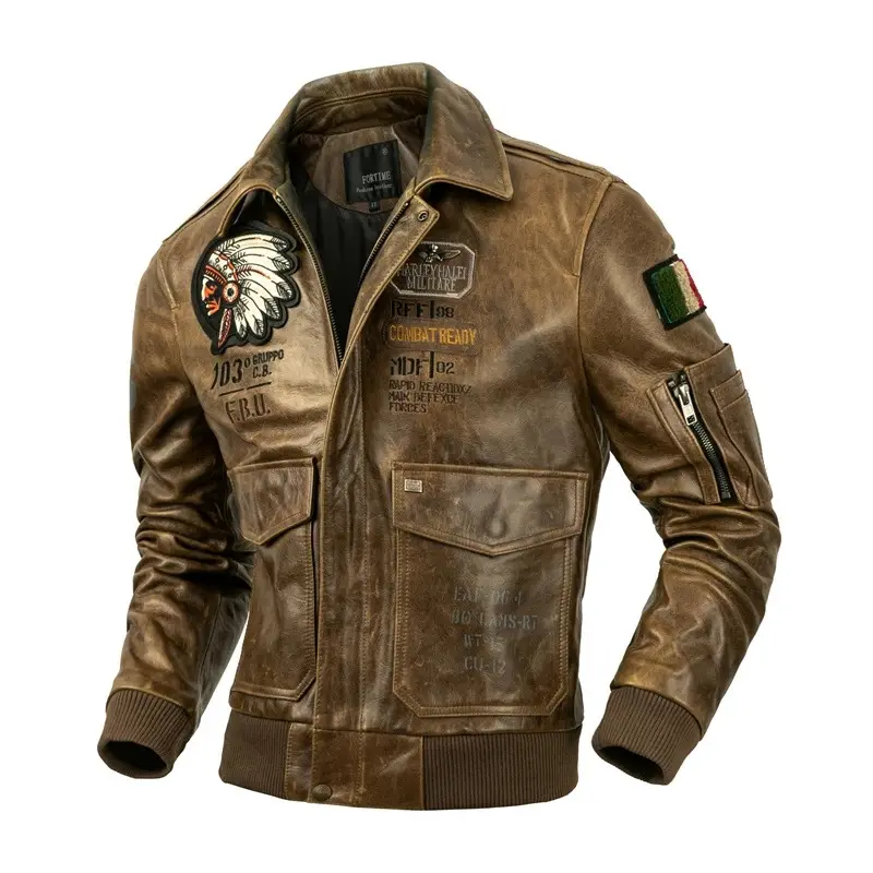 Wholesale Custom High Quality Top Layer Genuine Leather coat Men's Waxed Horseskin Lapel Bomber Jacket leisure Fashion Emb