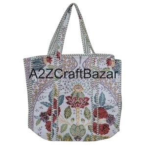 Sac fourre-tout en coton 100 % fait à la main, grand sac de bureau matelassé, imprimé floral en blocs, lavable, pour le shopping et l'usage quotidien - Product Image 1