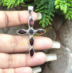 Red Garnet Pendant 925 Sterling Silver <b>Cross</b> Pendant <b>Necklace</b> Handmade Statement Pendant Red Stone Pendant Cut Stone Pendant - Product Image 2