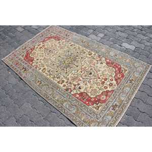 Turkish Accent Rug 3.7x6 ft, <b>Red</b> Ikat Vintage <b>Wool</b> Rug - Product Image 2