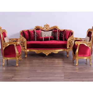 Fancy <b>7</b> <b>Seater</b> Teak Wood Livingroom Furniture Antique Gold Couch Set in Velvet Fabric Luxury Teak Wood Carved <b>Sofa</b> Set Furniture - Product Image 2