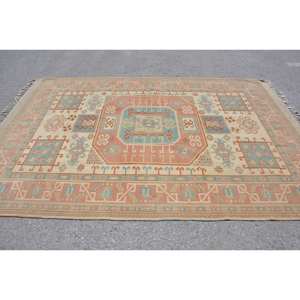 Alfombra Kilim Turca Vintage Ecológica Exclusiva de Alibaba, 6' X 9.5', Diseño de Retazos Azul Naranja Intenso, Lana de Pelo Medio, Látex - Product Image 3